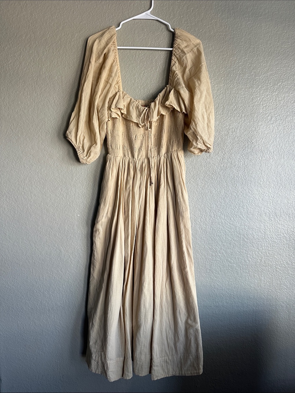 Free People Khaki Puff-Sleeve Smocked Waist Maxi Dress